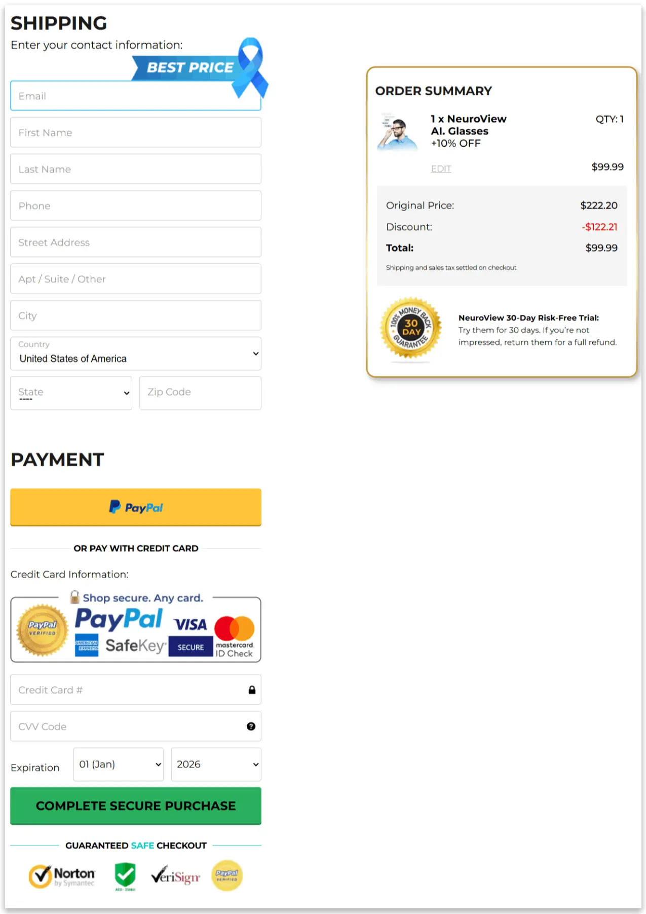 NeuroView AI Glasses Secure Checkout Page